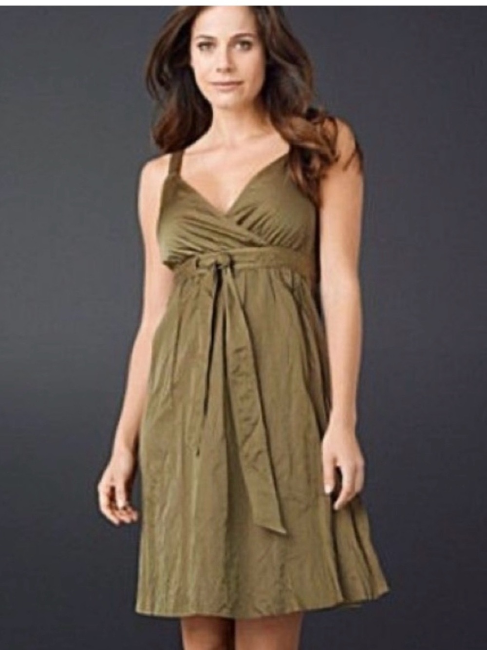 Eileen Fisher Steel Satin Olive Faux Wrap Dress